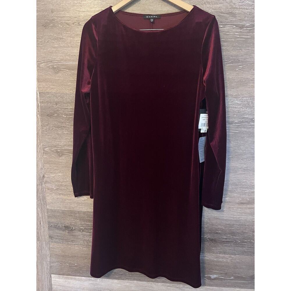 MARINA Burgundy Red Velvet Long Sleeves Midi Gown 14 New Holiday